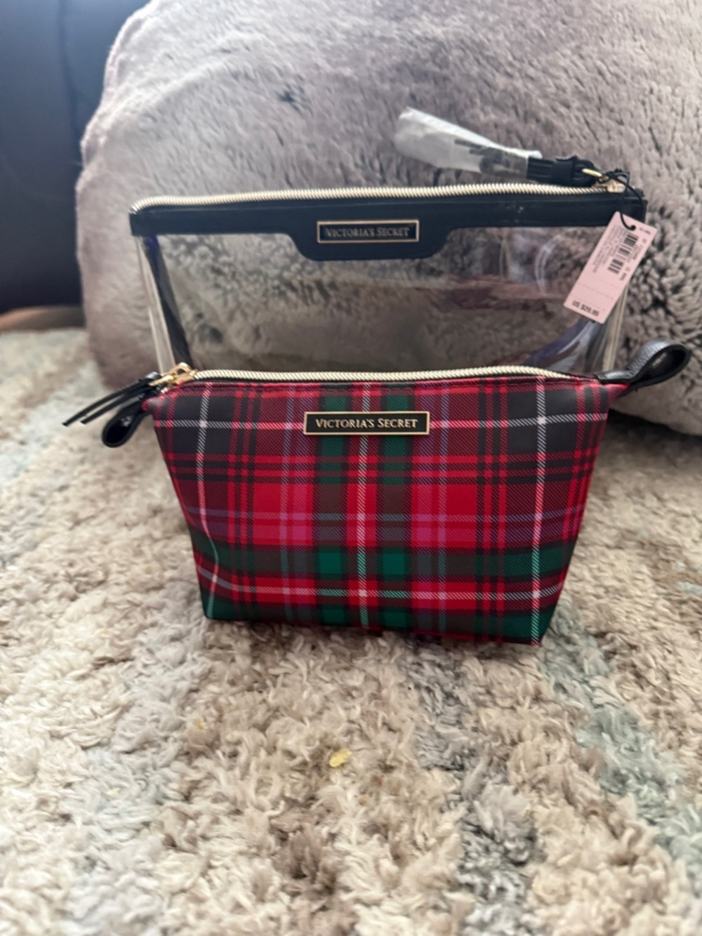 Victoria's Secret Red and Green Tartan Cosmetic Bag Set NWT